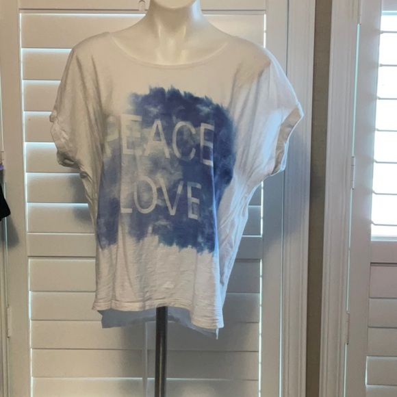 Casual Graphic Tee with Peace Love Design - White and Blue - Picture 1 of 4